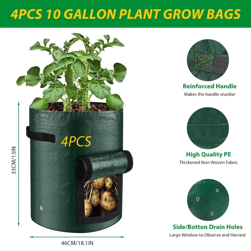 HASTHIP Plant Grow Bags for Tomatoes Peppers and Strawberries featuring Roll Up Flap & Handles | 4 Pack 10 Gallon Durable PE Reusable Planter Bags