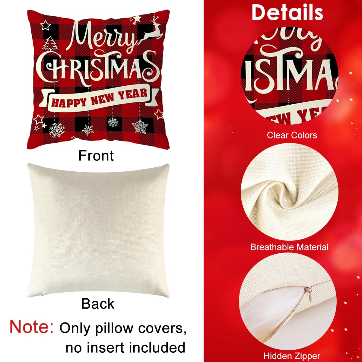 HASTHIP Christmas Cushion Covers for Sofa with Invisible Zipper 4Pcs 16x16in Cotton Linen | Red Black Plaid Holiday Pillowcases