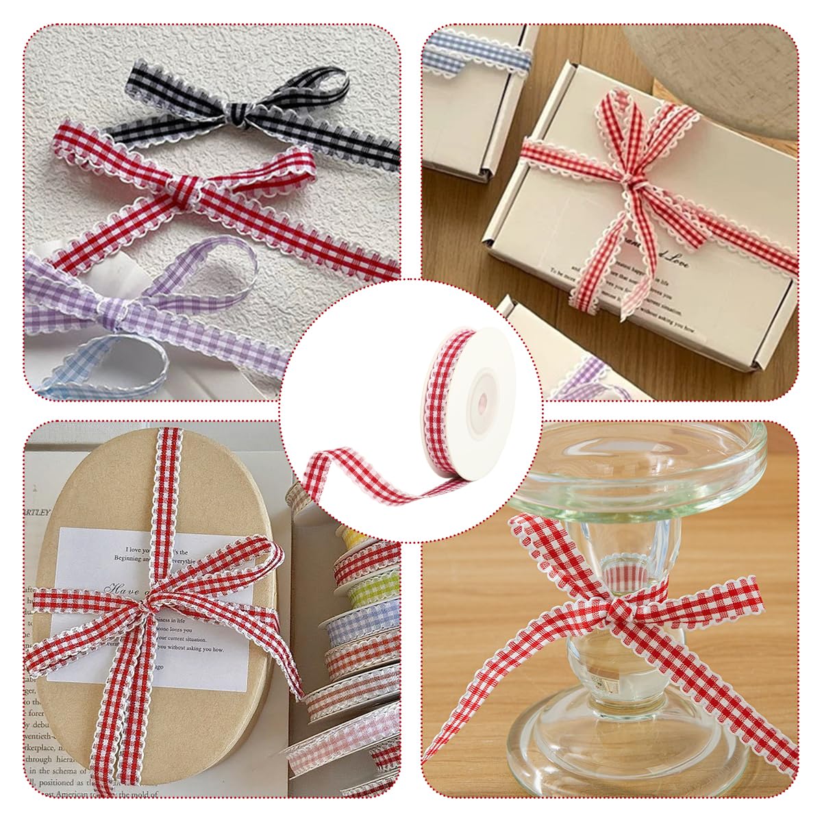 HASTHIP Gingham Plaid Ribbon for Gift Wrapping and DIY Crafts featuring Refined Edge 1cm x 10 Yards | Red and White Checked Decor