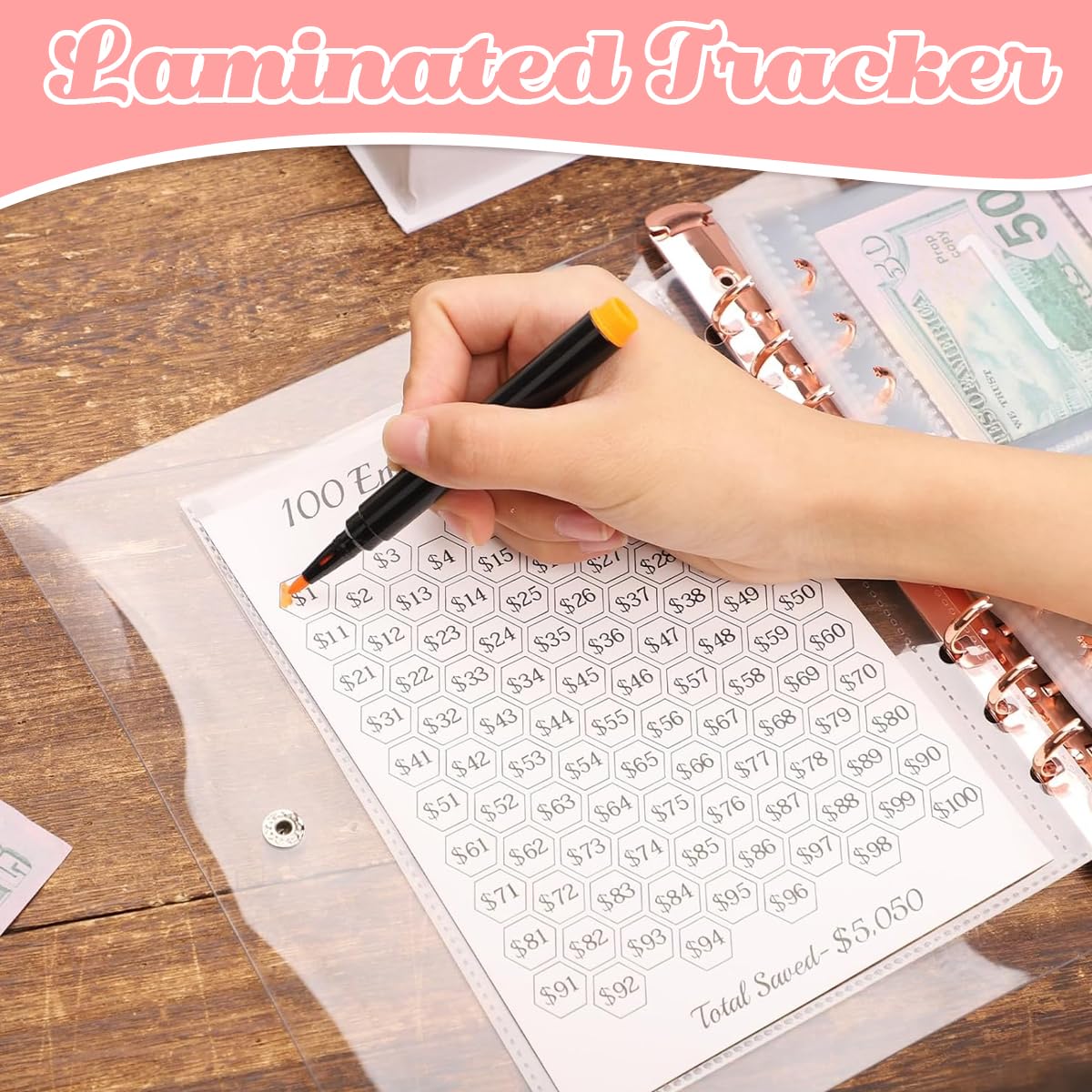 HASTHIP Envelopes Challenge Binder for 100 Day Saving Goals with $5050 Tracker Sheet | A5 PVC Sakura Organizer