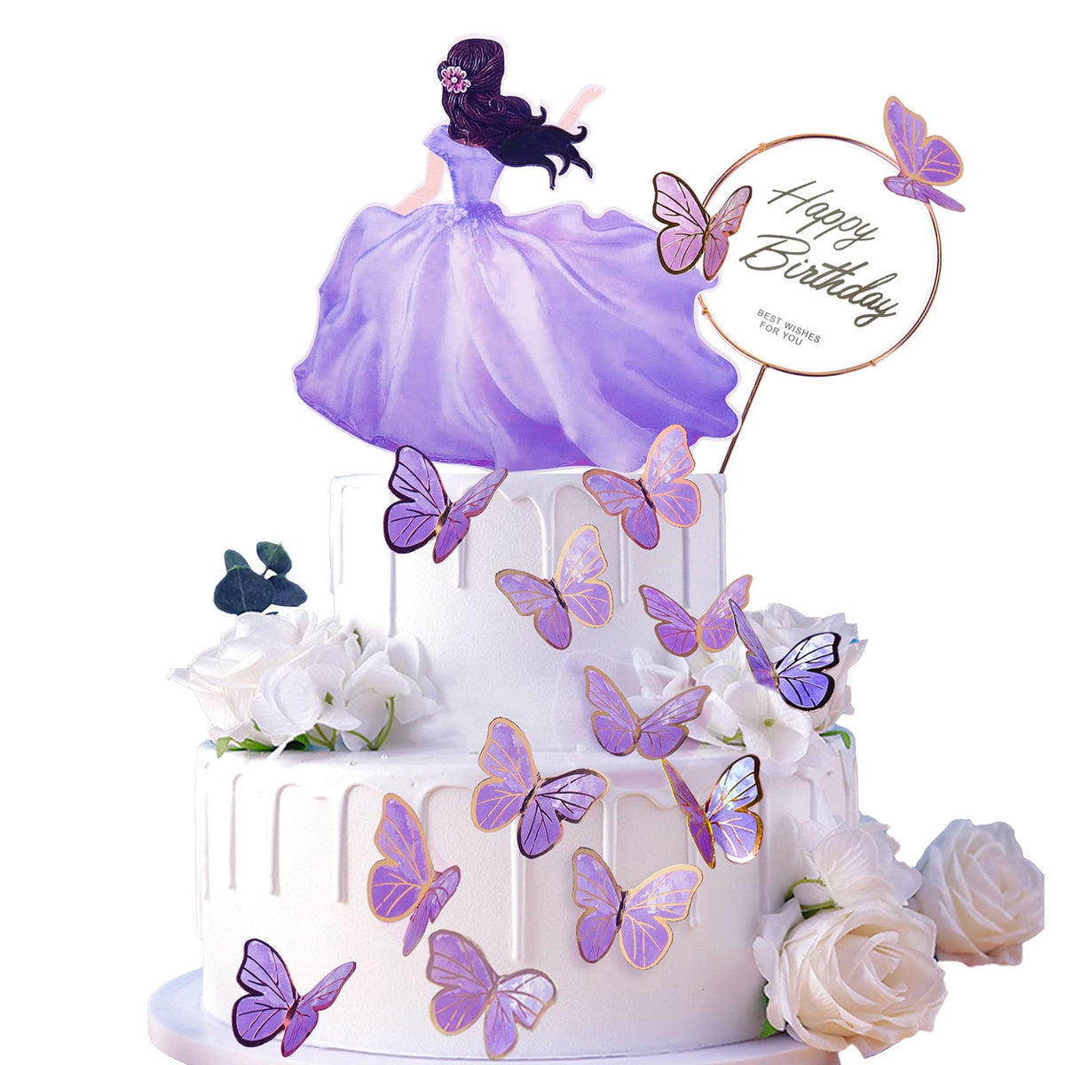 HASTHIP Cake Decoration Items Set for Birthday Cakes with 56Pcs Butterfly Toppers | Purple Decor for Girls Party