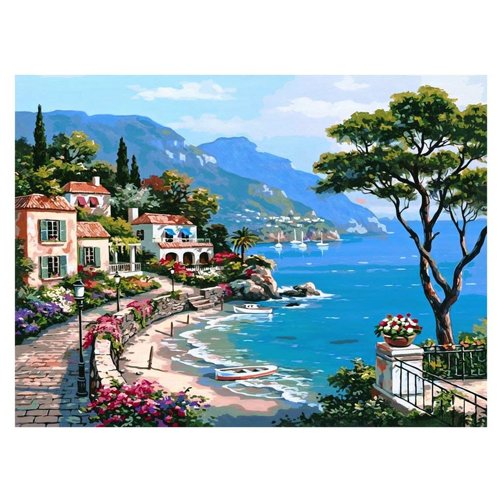 HASTHIP DIY Digital Painting by Numbers Kit for Home Decoration with Linen Canvas | Mediterranean Style Artwork