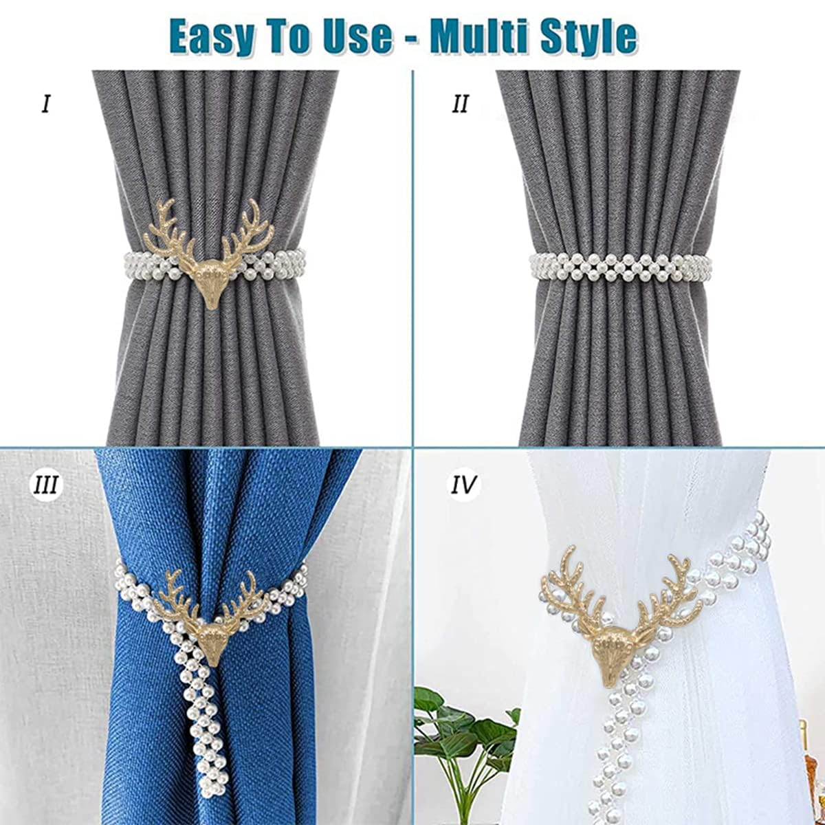 HASTHIP Curtain Tiebacks for Home and Office with Elastic Rope and Pearl Design | 2pcs Gold