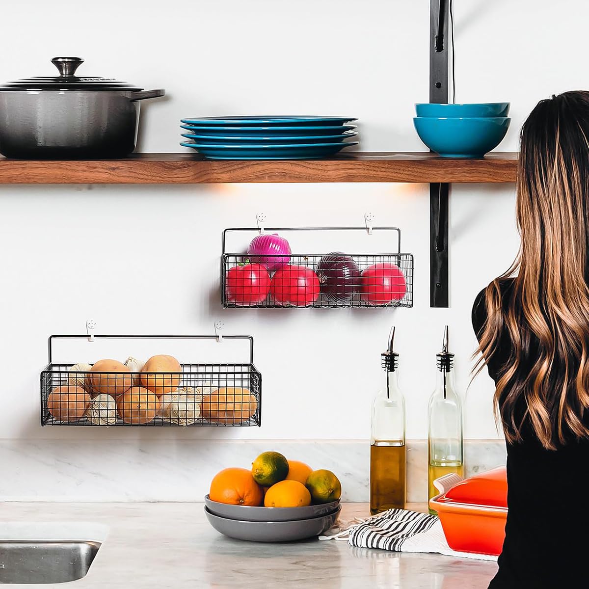 HASTHIP Kitchen Organizer Basket Set 2Pcs for Wall Mount or Counter Use | Metal Wire 26x13x15 cm and 36x15.5x15 cm