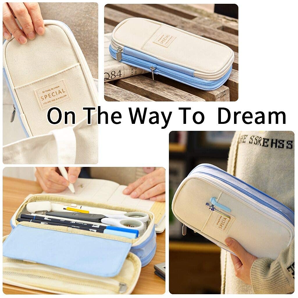 HASTHIP Pencil Case for Students with Double Zipper and Expandable 21.5×10×7 cm Design | Light Blue 2 PCS