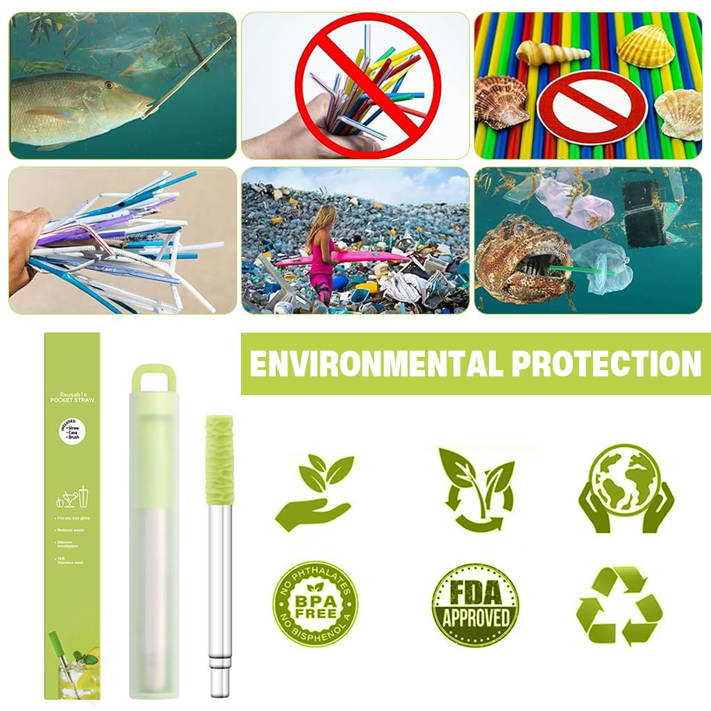 HASTHIP Reusable Straw for Travel with 3.8–8.3 in Retractable Design and Cleaning Brush | 304 Stainless Steel Eco Set