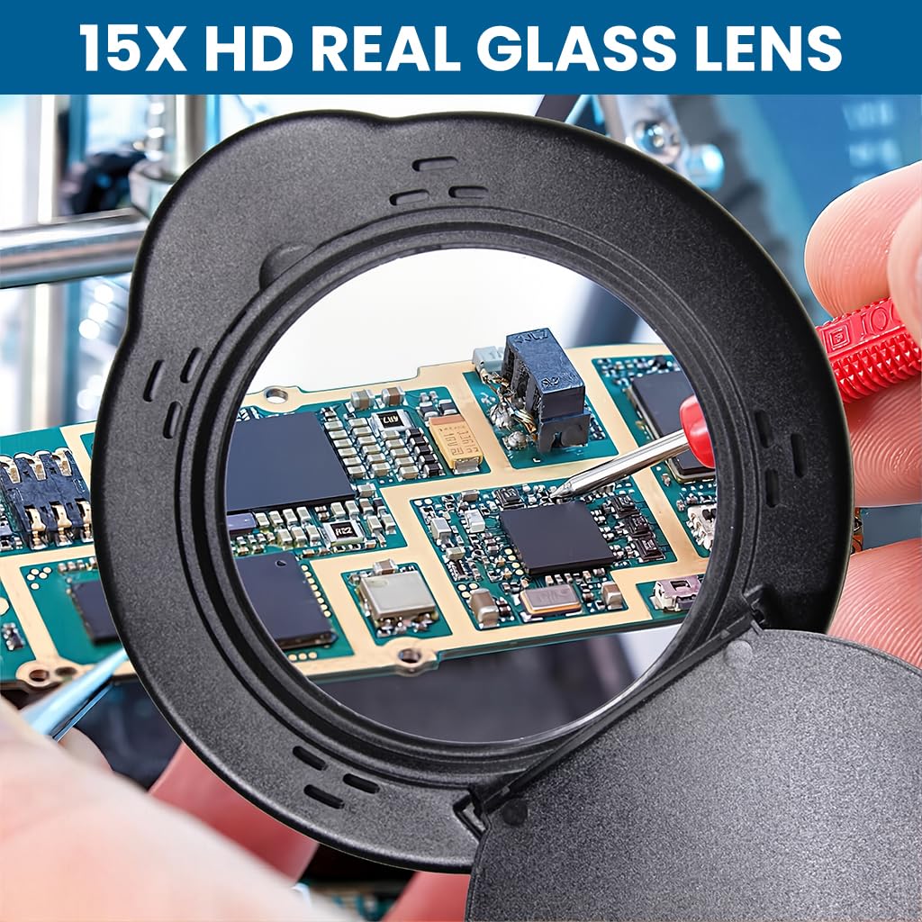 HASTHIP Magnifying Glass for Reading and Craft with 15X 4.2in Glass Lens and Clamp Stand | 5 Color Stepless LED Light