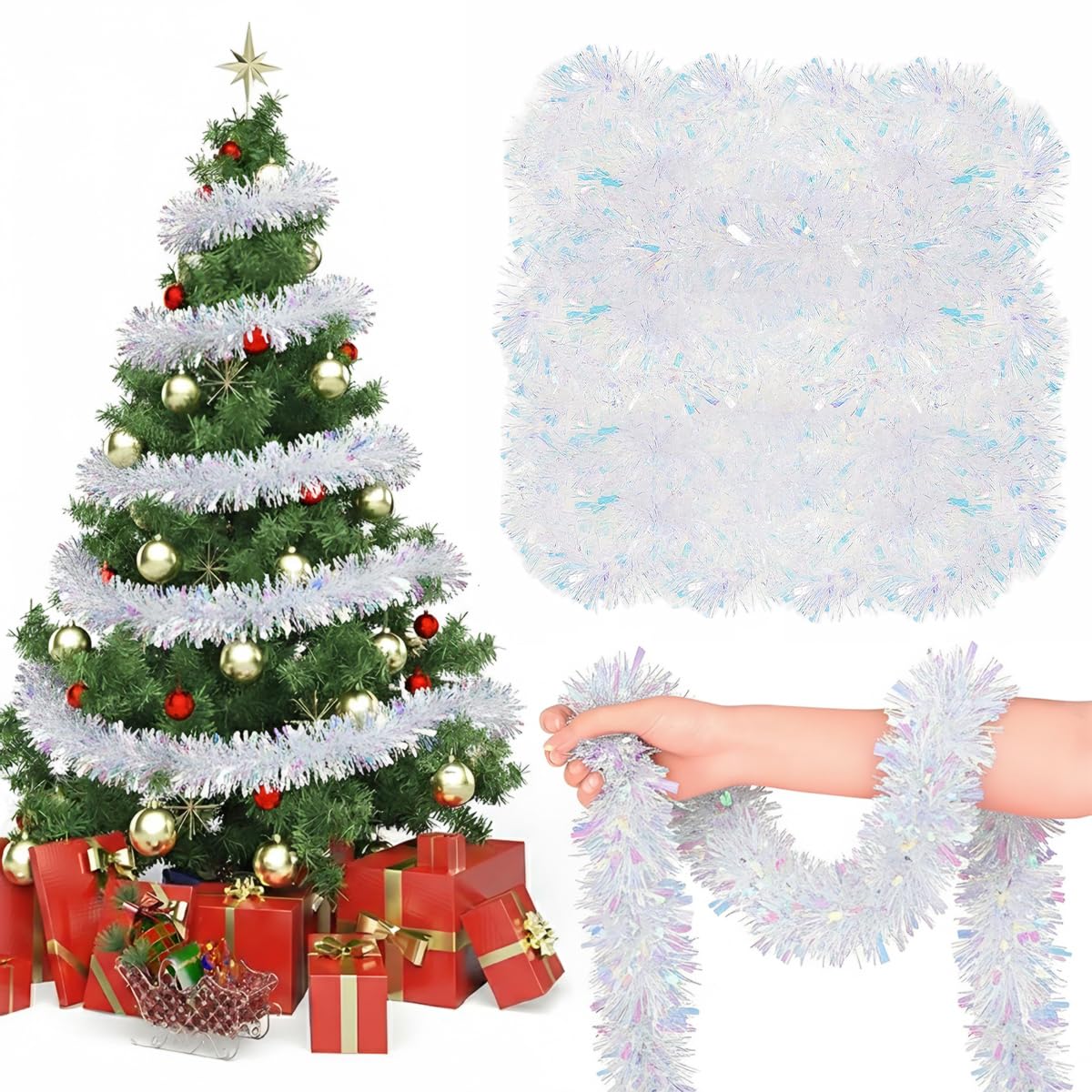 HASTHIP Christmas Tinsel Garland for Holiday Decor with 16.4ft Metallic Shine White