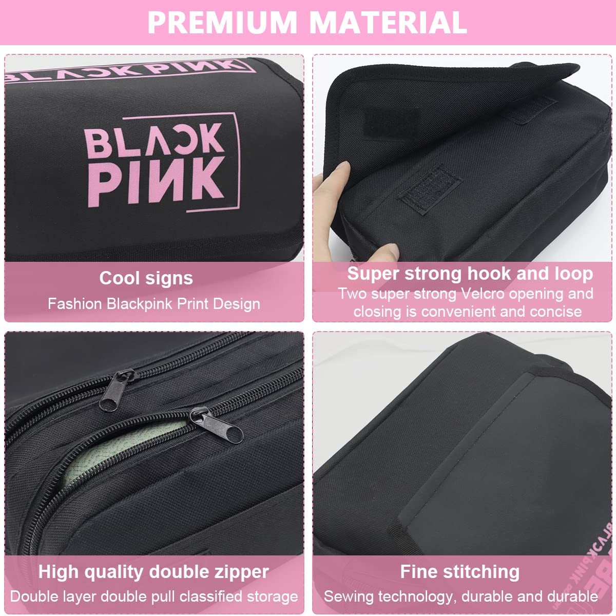 HASTHIP Cosmetic Bag Organizer for School and Travel with Double Zippers 15×15×20cm | Polyester Blackpink Prints Pouch for Fans
