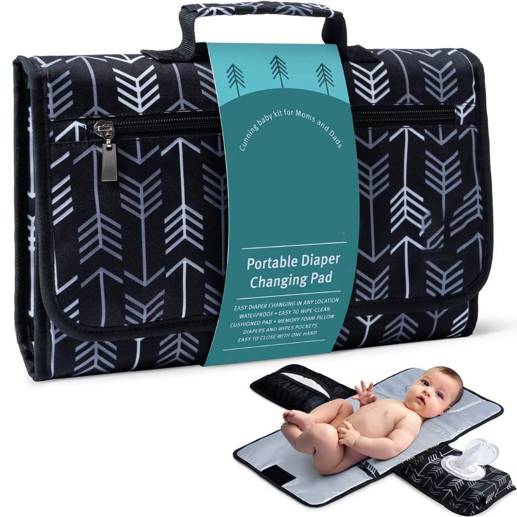 HASTHIP® Cambiador de Pañales Portátil Impermeable,Alfombrilla de Cambio Bebé con Bolsillos Almacenamiento,Plegable con Asa para Viaje y Paseo Gris/Negro Tela Oxford y PEVA 22x21.