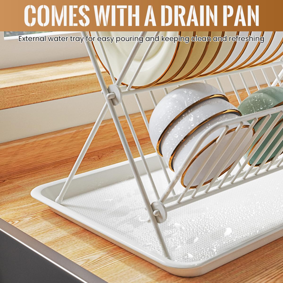 HASTHIP Dish Drying Rack for Kitchen with 2 Tier X Shaped Design and Stainless Steel | Foldable White Drainer with Drainboard