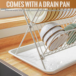 HASTHIP Dish Drying Rack for Kitchen with 2 Tier X Shaped Design and Stainless Steel | Foldable White Drainer with Drainboard