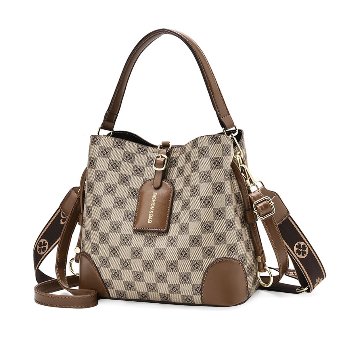 HASTHIP® Bolso Bucket de Mujer de Moda,Bolso Hombro y Bandolera Impermeable PU con Correa Ajustable y Diseño Cuadros,Grande con Cierre para Viajar Trabajo Compras Uso