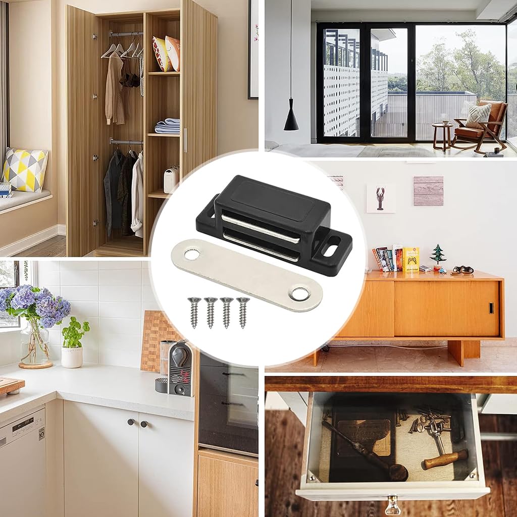 HASTHIP Magnetic Door Latch for Cabinets and Drawers featuring 12 Pack 46×15×13 mm Magnets | Plastic and Stainless Steel with Adhesive or Screw Mount
