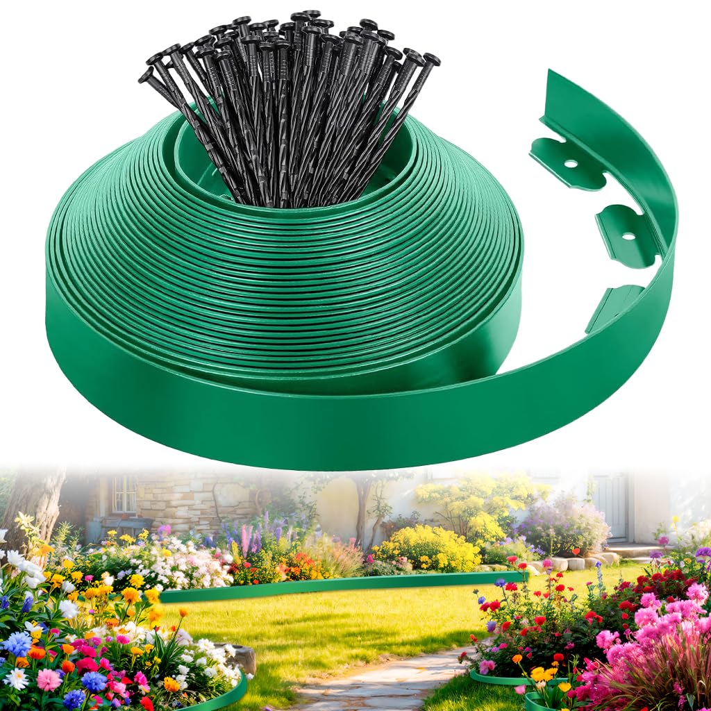 HASTHIP Garden Edging Border for Flower Beds with 32.8ft Length and 30 Nails | UV-Resistant Green Trim