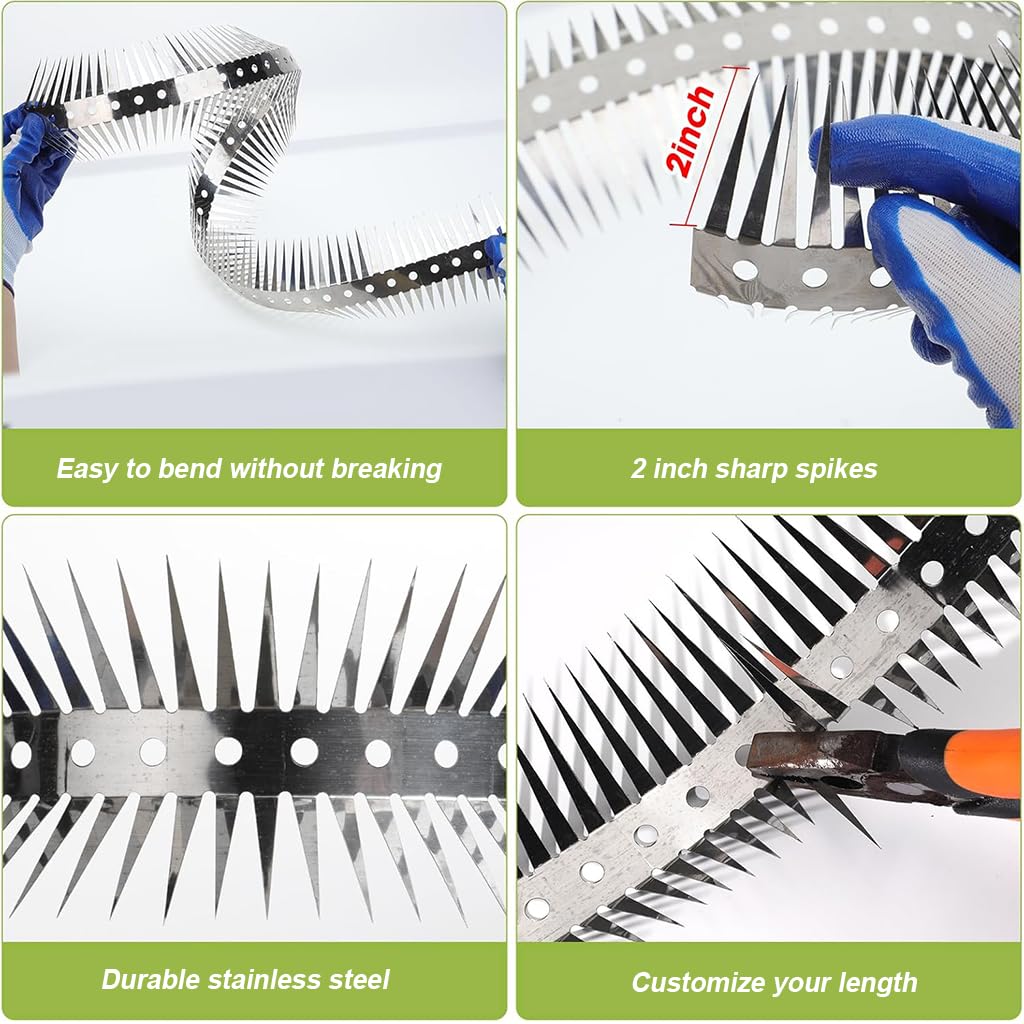 HASTHIP Pigeon Spikes for Outdoor Animal Control featuring Dual Row 48mm Spikes | Stainless Steel 3.3ft Strips with Gloves and Cable Tie