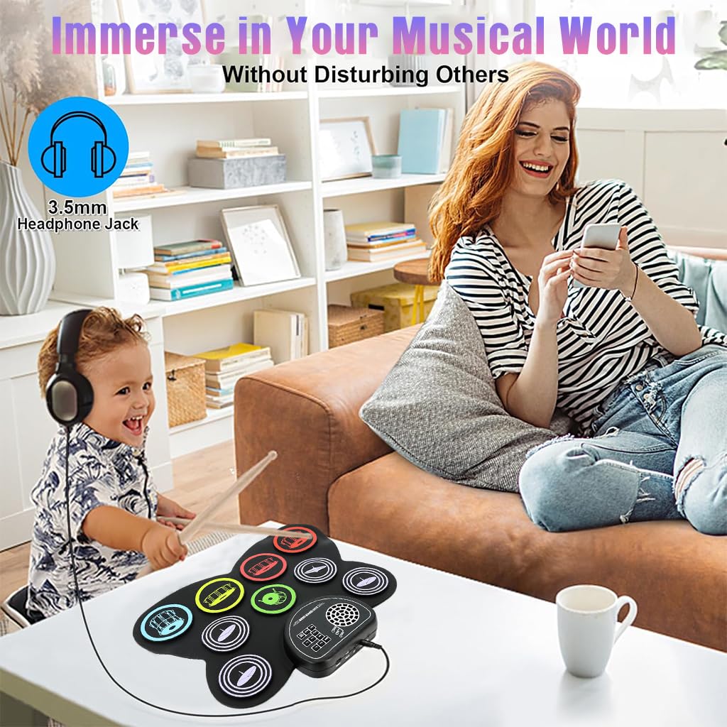 HASTHIP Electronic Drum Set for Beginners with 9 Pads and Dual Pedals | Portable Roll Up Design