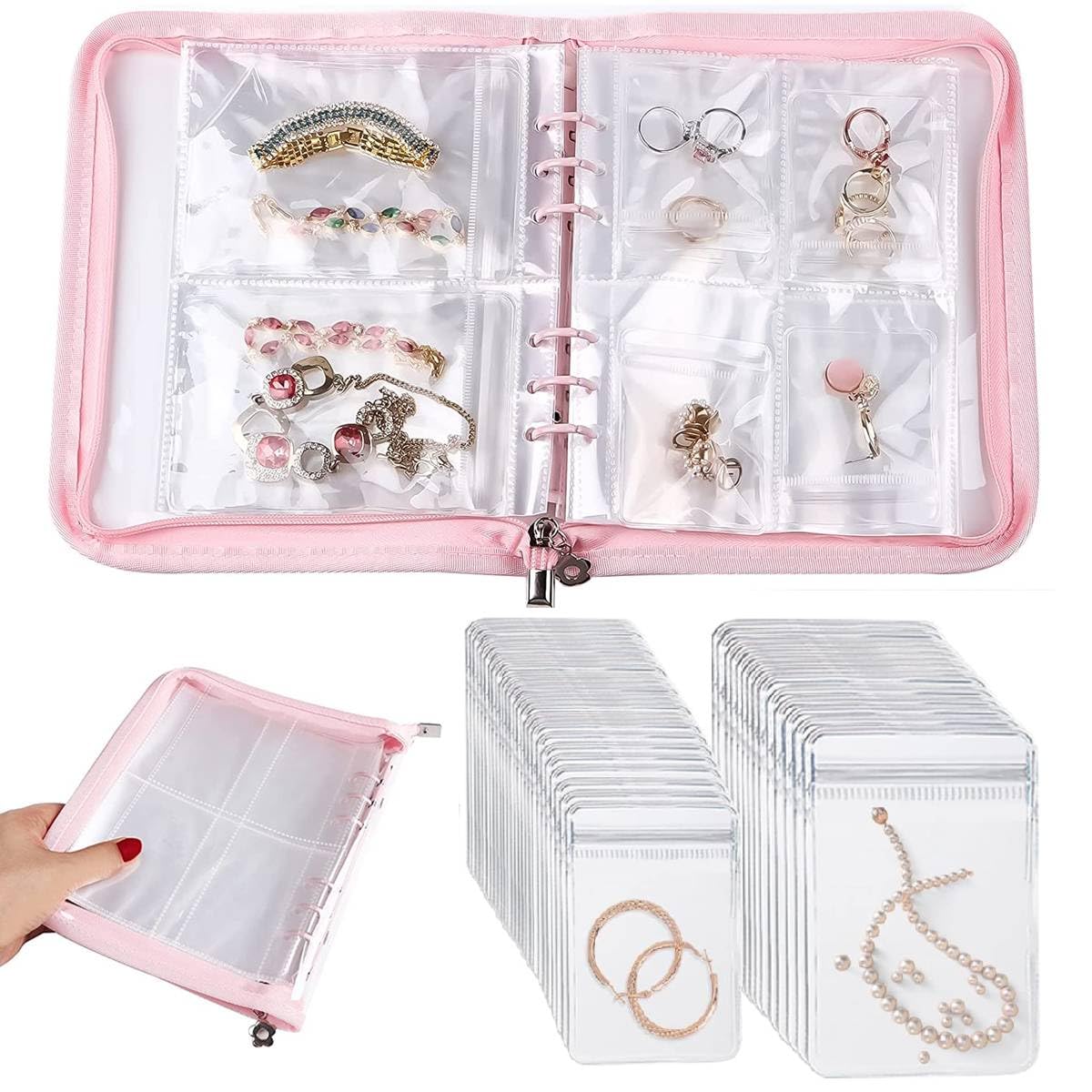 HASTHIP® Libro Transparente para Almacenamiento de Joyas, Organizador Antioxidante con 60 Bolsas PVC, Estuche con Cremallera para Collares, Anillos y Pulseras, Rosa Metálico