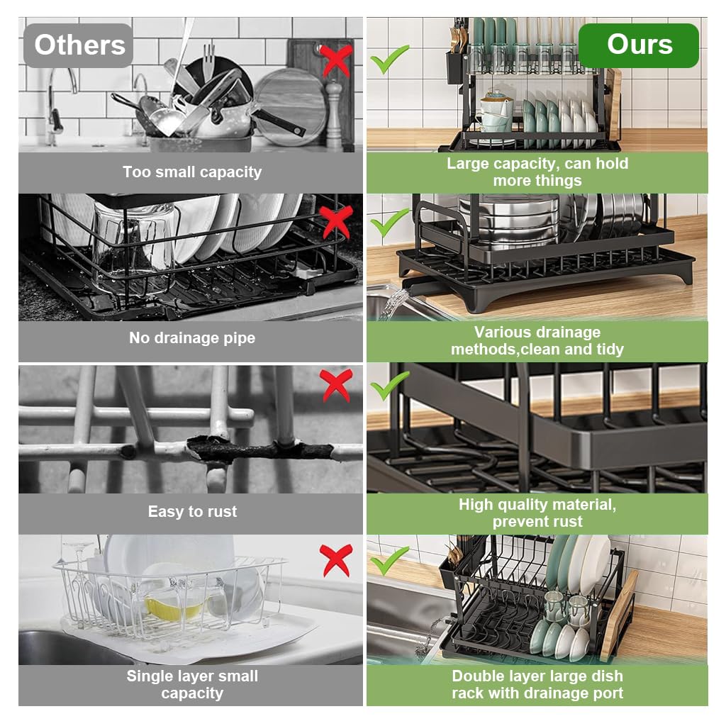 HASTHIP® Dish Drying Rack, Double Dish Drying Rack, Dish Drying Stand with Utensil Holder & Drainboard Tray & Cutting Board Holder, Large Capacity Dish Drainer Collapsible Rust-Resistant Dish Rack