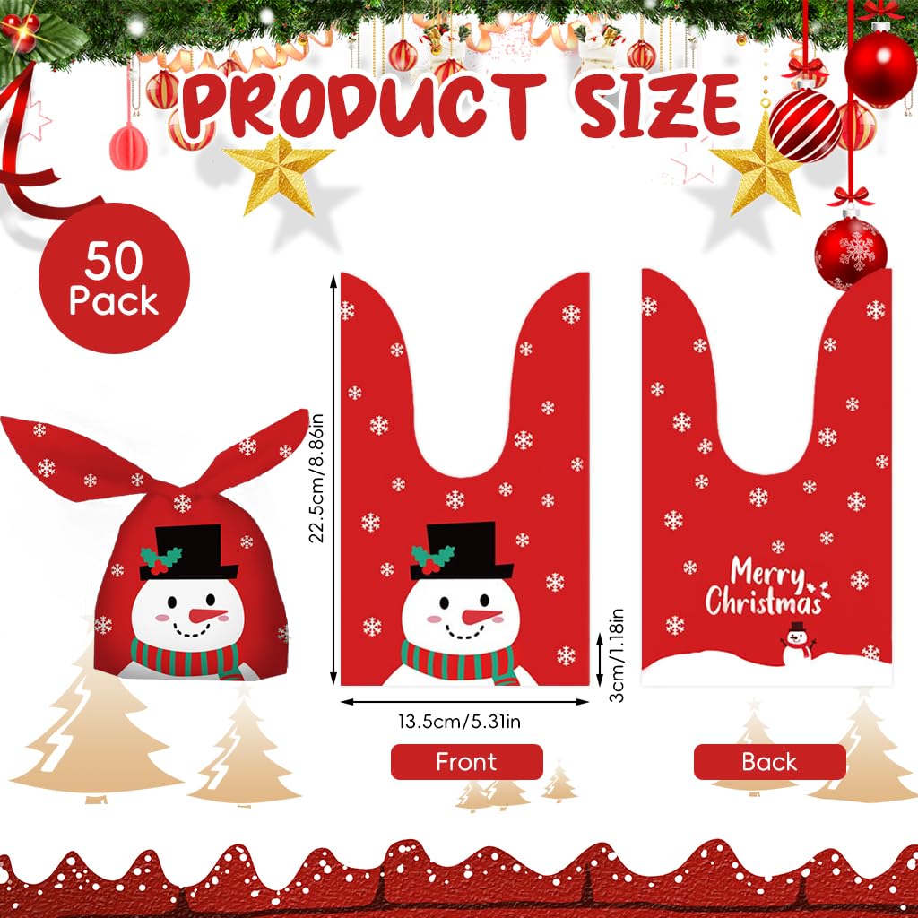 HASTHIP Christmas Gift Bags 50pcs for Small Holiday Gifts with Tie Up Closures | Red Snowman Print 13.5x23cm