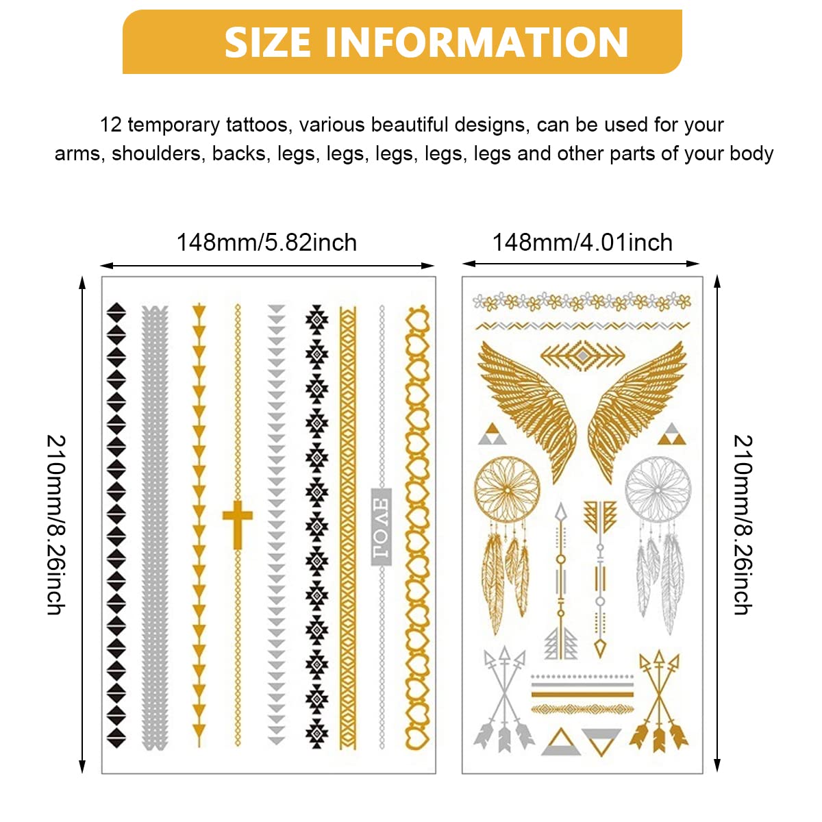 MAYCREATE® 12 Sheets Tattoo Sticker Creative Element Temporary Tattoos Stickers Golden Tatto Stickers Assorted Henna Art Tattoo Sticker for Body Art Tattoos Art Waterproof Temporary Tattoos Stickers