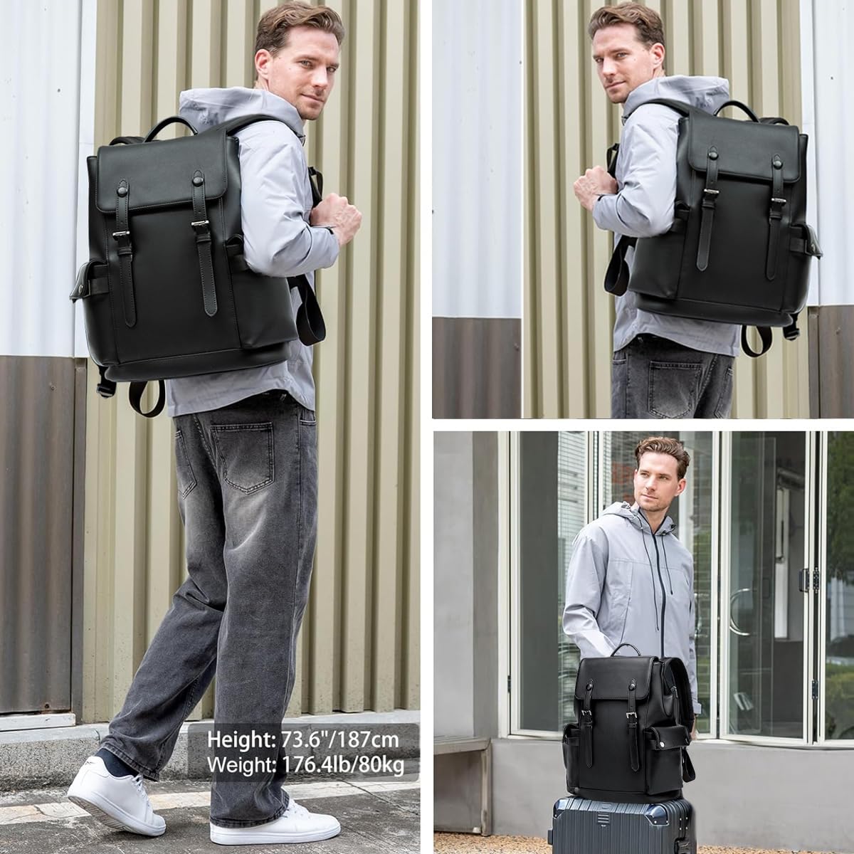 HASTHIP® Leather Backpack for Men Black Laptop Computer Backpack Large Capacity Business Ladies Retro Leisure Travel Backpack