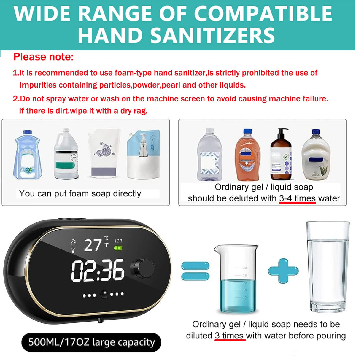 Automatic Soap Dispenser for Bathroom, Electric Foaming Handwash Dispenser, 500ml Wall Mounted Touchless Shampoo Hand Wash Dispenser with 3 Adjustable Bubble Levels with Bracket (Black)