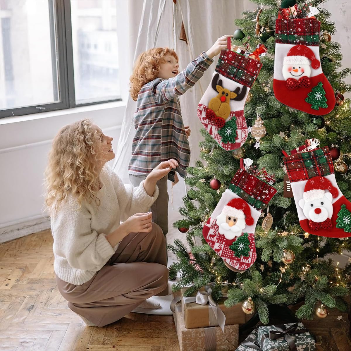 HASTHIP Christmas Stockings Set for Tree and Door with 9.8 in Size Loop Hanging | 4 Red Designs