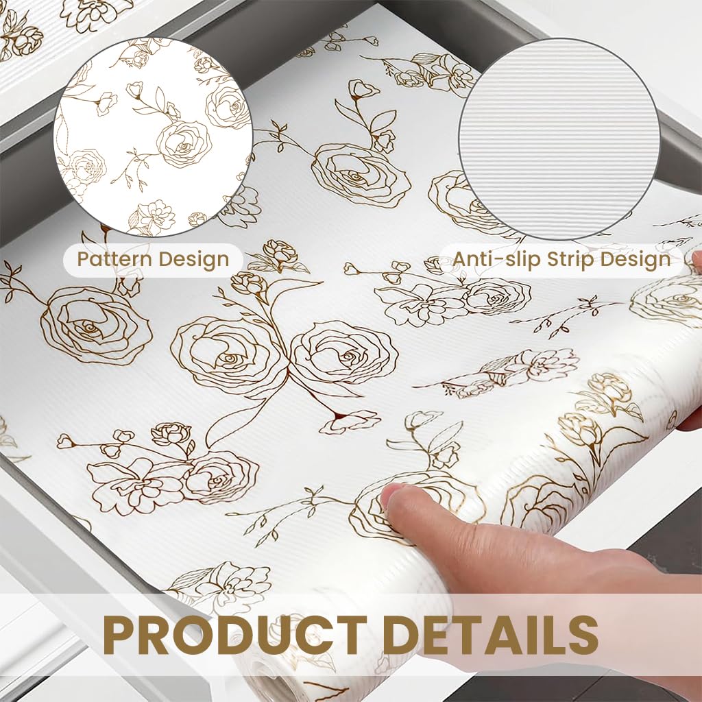 HASTHIP® 45cm x 300cm Non Adhesive Drawer Liner Gold Floral Thickened Shelf Liner Paper Strong Non-Slip Easy to Clean for Tool Box Refrigerator with Small (Random)