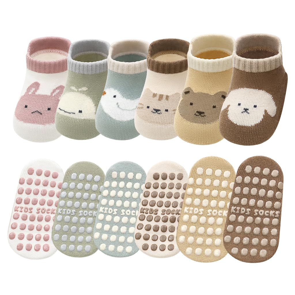 HASTHIP® Calcetines Antideslizantes para Niños Pequeños,6 Pares de Calcetines de Algodón Transpirable con Dibujos Lindos,Tobillo para Niños y Niñas 1-3 Años Regalo Ideal