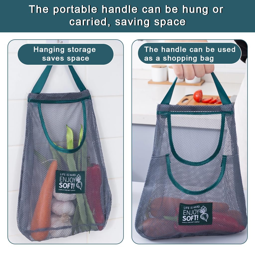 HASTHIP Hanging Mesh Storage Bags for Kitchen Produce featuring Dual Pocket Net Design | 3pcs Reusable Mesh Fabric