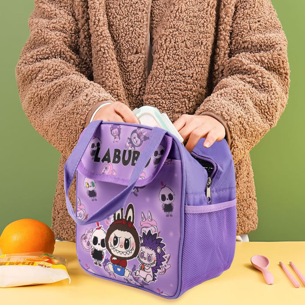 HASTHIP Kids Lunch Bag for School and Picnic with Insulated Waterproof Nylon 23x13x23cm | Cute Cartoon Design and Extra Pockets