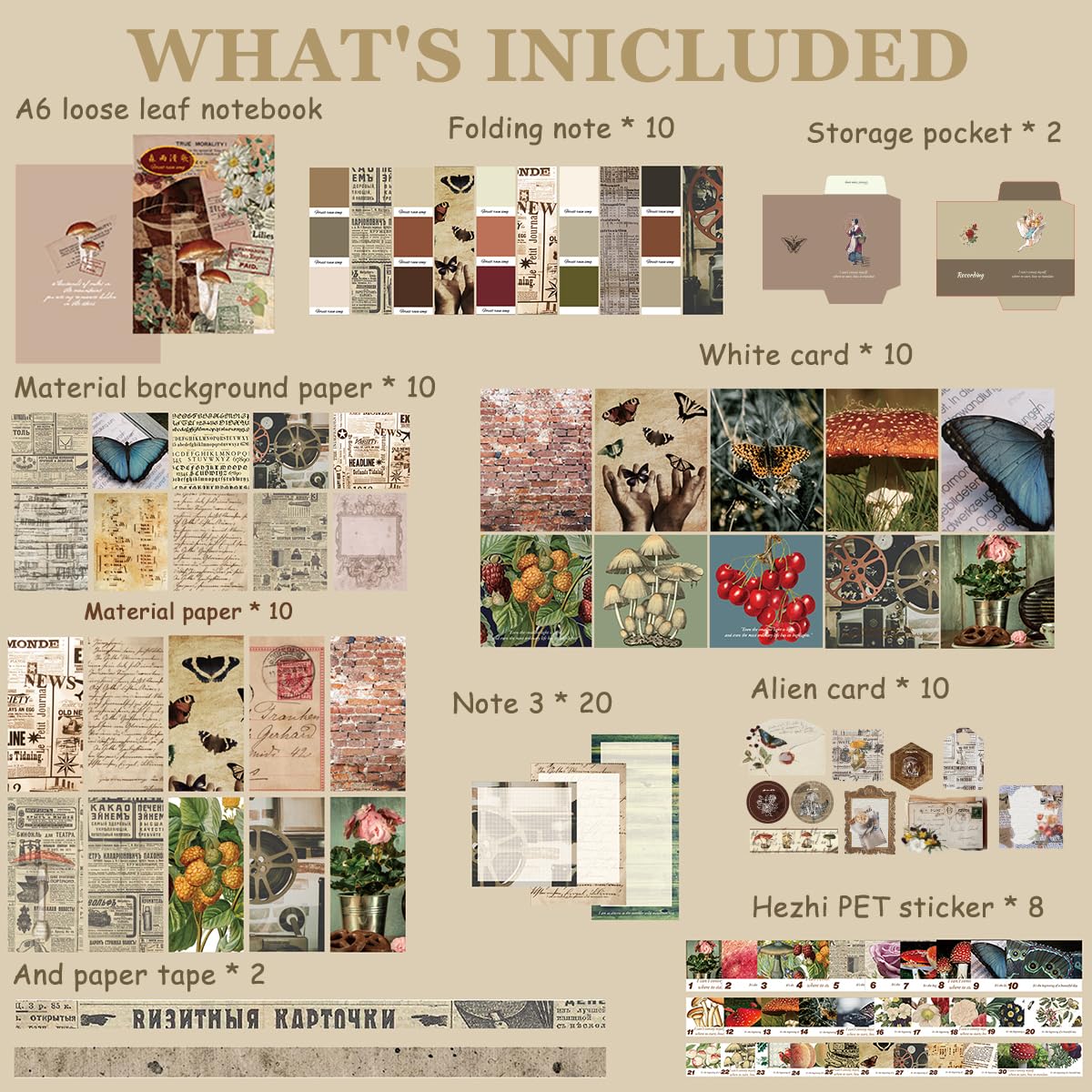 HASTHIP Journaling Kit for Scrapbooking and Bullet Journals with 346 pcs | A6 Grid Notebook and Vintage Stickers