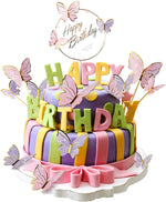 HASTHIP Butterfly Cake Toppers for Birthday Decoration with 60PCS Set and Dual Pink Purple Design | Includes 1 Acrylic and 1 Iron Happy Birthday Topper