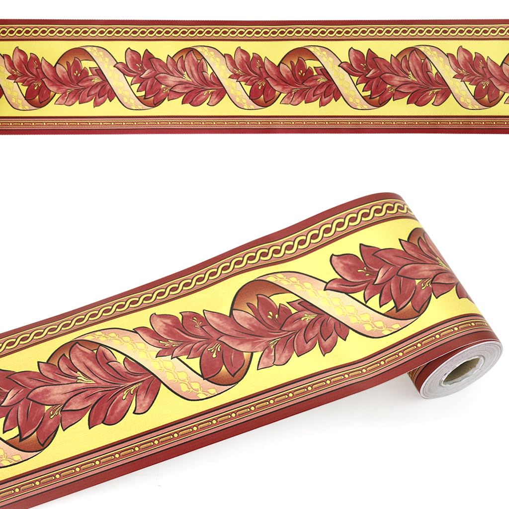HASTHIP Waterproof Floral Wall Stickers for Kitchen and Bathroom 3.9 in × 29.5 ft PVC Border | Reddish Brown Self Adhesive Trim
