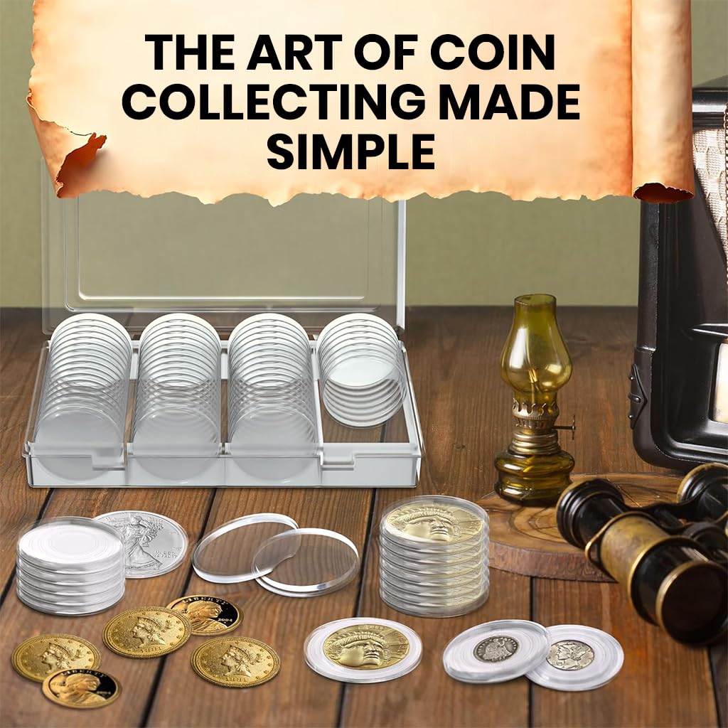 HASTHIP® 60 Pcs Coin Box with 5 Sizes Protective Gasket, Clear Plastic Coin Capsule Holder for 17-40mm Coins, Tokens, Medals, Collecting Storage Organizer