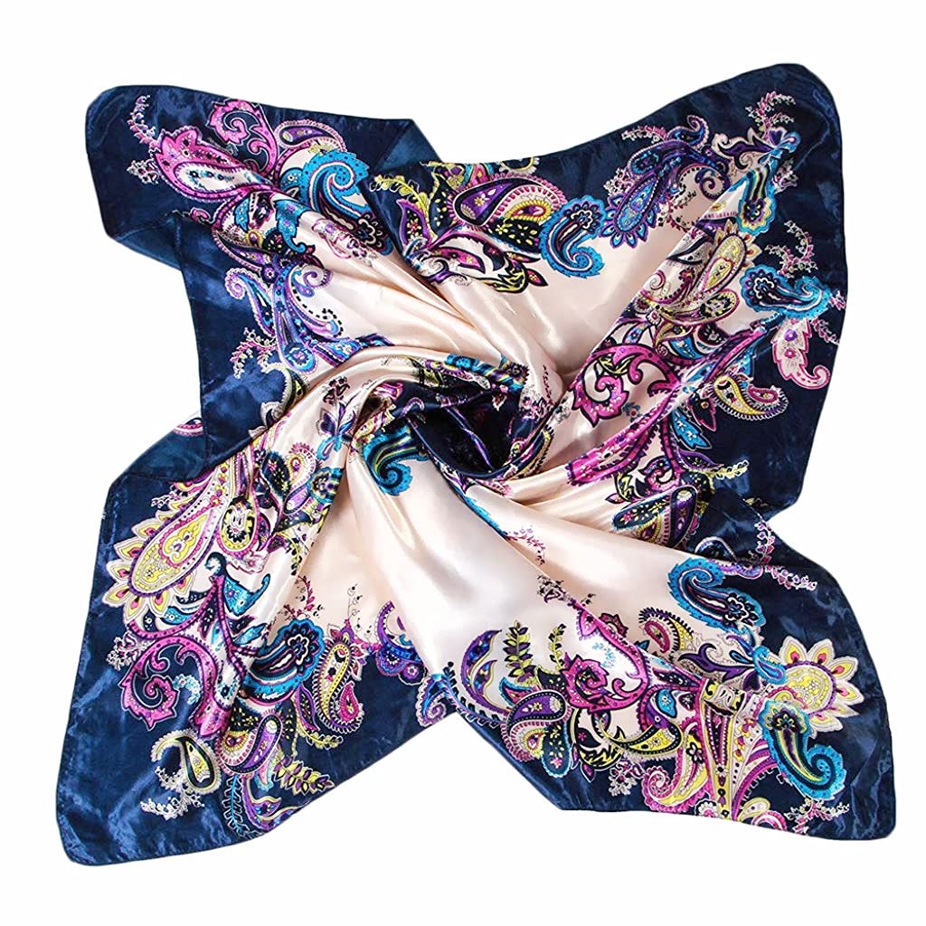 HASTHIP® Pañuelo Clásico Vintage para Mujer, Bufanda Cuadrada Grande de Seda Suave con Estampado Floral, Pañuelo Elegante para Cabeza o Cuello (Azul Real)