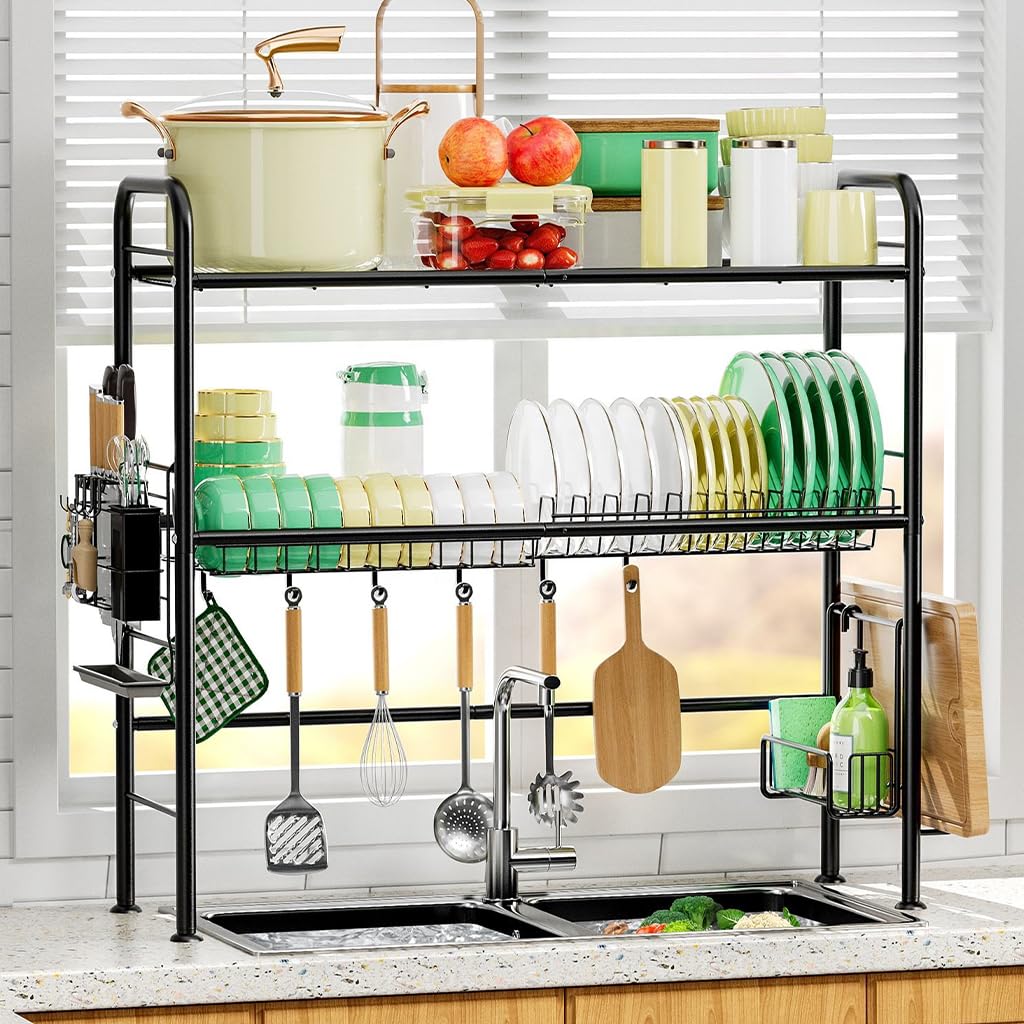 HASTHIP Over The Sink Dish Drying Rack 33.5x10x31.9 in with Double Layer Shelf | Stainless Steel Kitchen Organizer