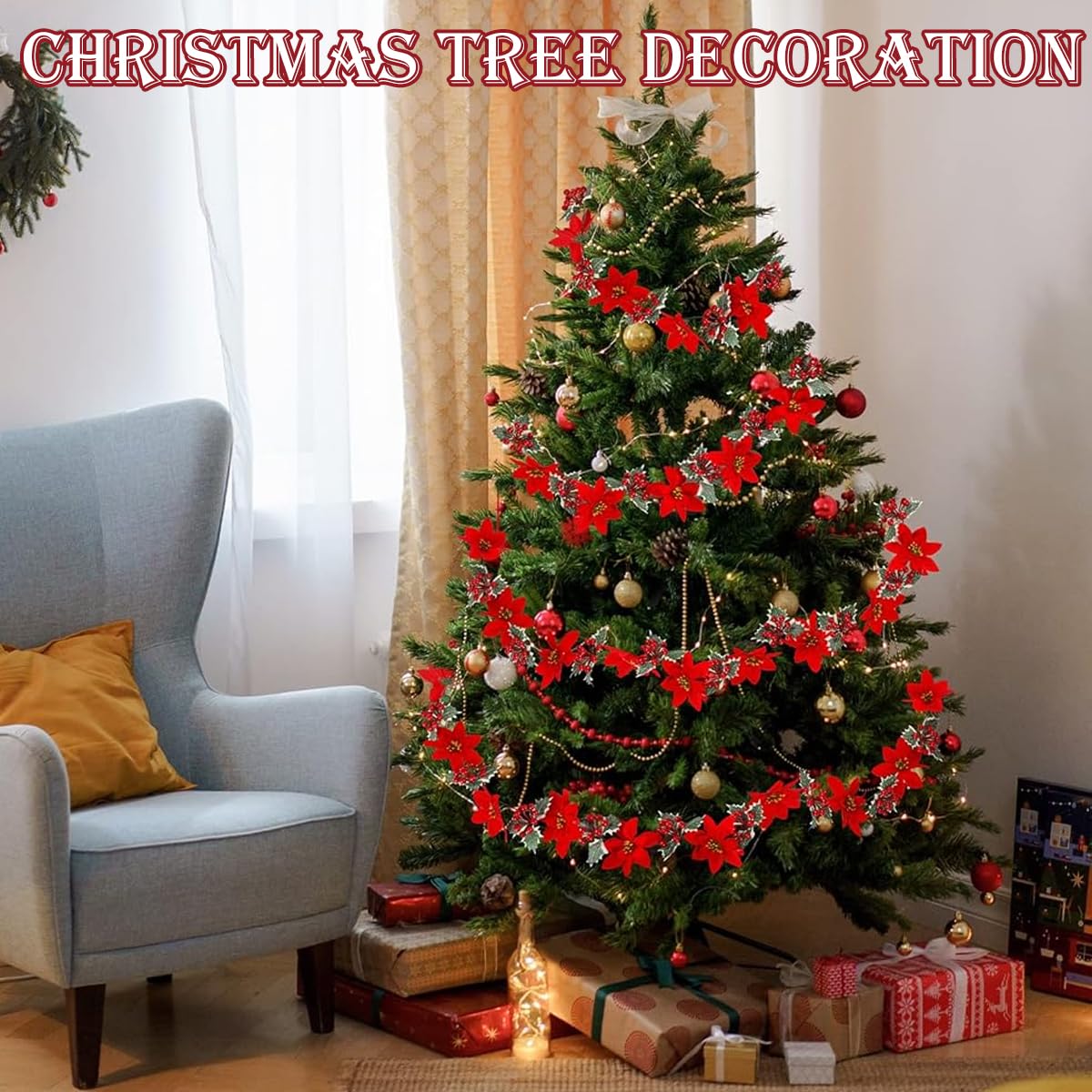 HASTHIP Christmas Garland 5.8 ft for Tree Door and Wall featuring Velvet Poinsettias & Holly | Festive Home Decor