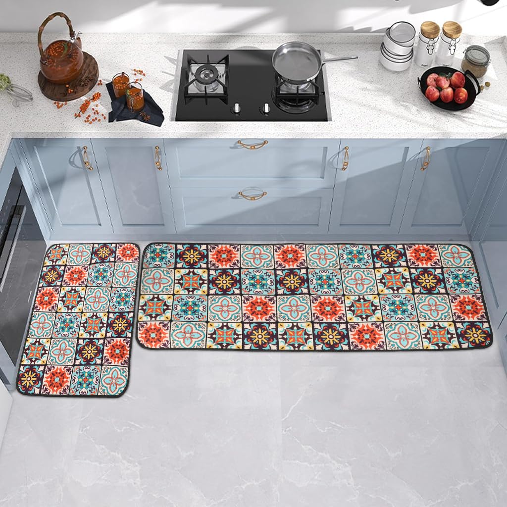 HASTHIP® 2 Pcs Kitchen Comfort Rugs Anti-Fatigue Floor Mat for Kitchen, Diatom Absorbent Standing Mat Soft & Quick-Dry, Retro Floral Mat for Kitchen, Entry, Bathroom, 120x40cm & 40x60cm