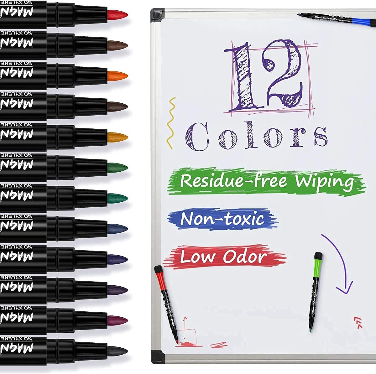 HASTHIP Whiteboard Markers for Home Office and School with 12 Colors and Magnetic Eraser Cap