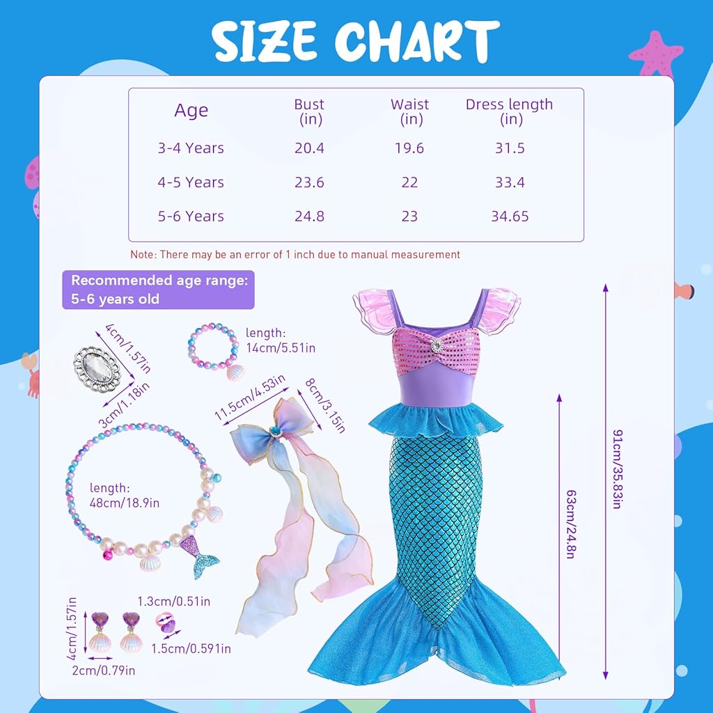 HASTHIP® Mermaid Dress for Girls - Little Mermaid Costume for Girls with Bag Princess Dresses for Girls Gift Birthday Party