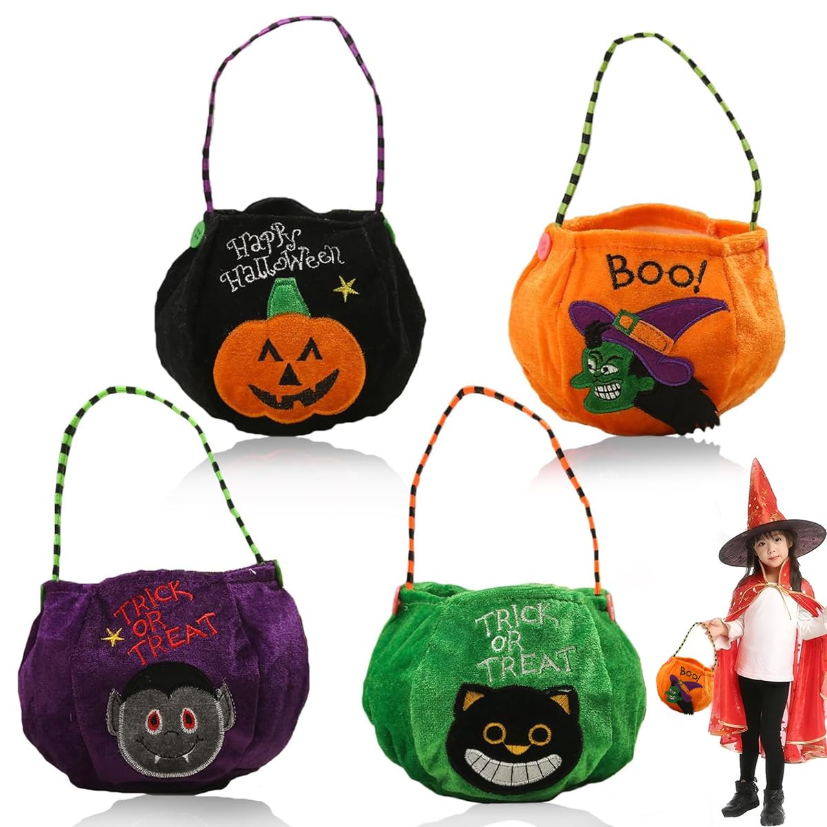4Pcs Halloween Candy Basket Halloween Trick or Treat Candy Storage Bag for Kids Velvet Fabric Candy Handbag Treats Bag Halloween Kids Treat Snacks Storage Bag Halloween Home Decoration