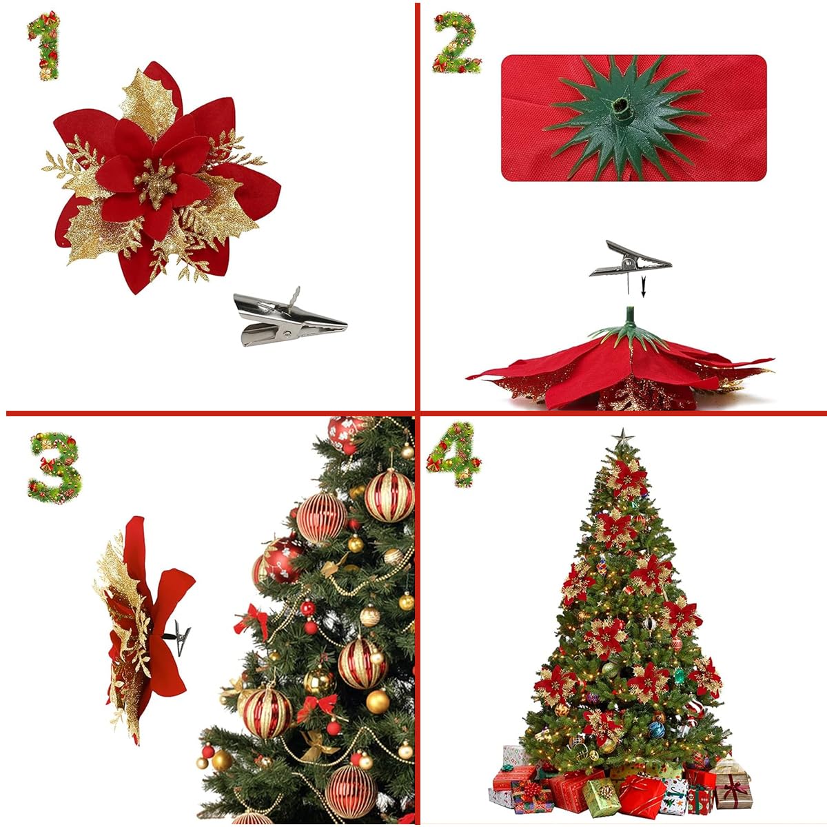HASTHIP Christmas Poinsettia Flowers for Tree and Home Decor 12 pcs featuring 4 designs | 5.5 in ornaments in red and gold