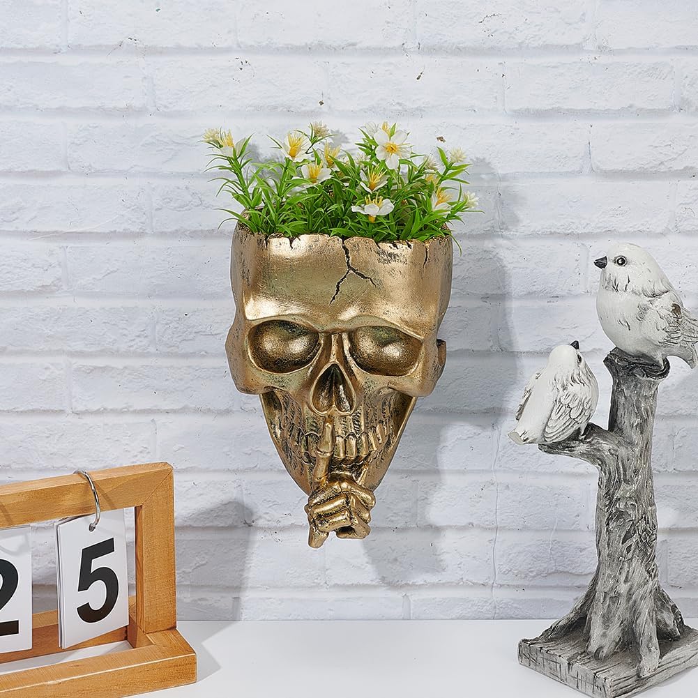 HASTHIP Halloween Skull Wall Planter for Garden Decor 12.5x19.5cm featuring Resin Body and Golden Finish | Gothic Room Accent