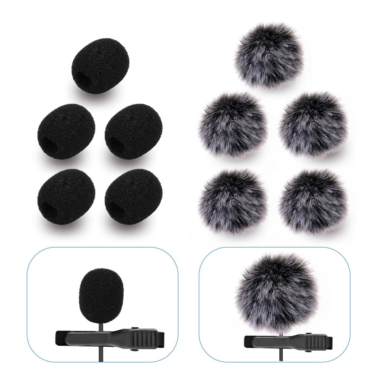 HASTHIP® 10 Pack Microphone Cover Set Furry Windscreen and Foam Covers for Mini Lavalier Microphones for Indoor and Outdoor Recording