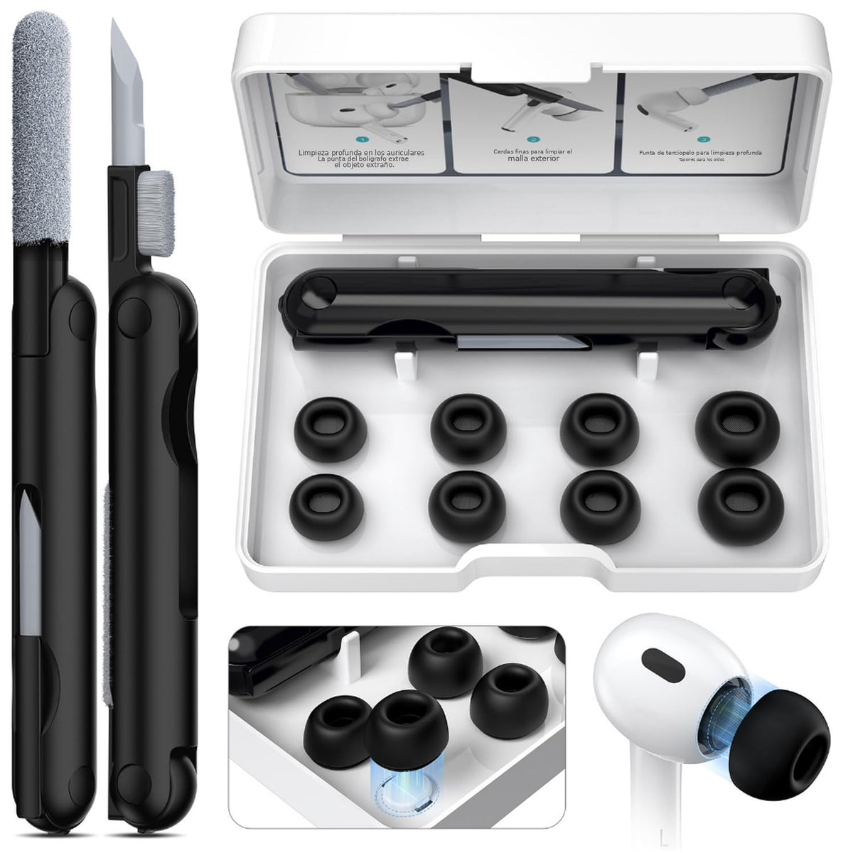 HASTHIP® Puntas de silicona de repuesto para AirPods Pro y AirPods Pro 2, 4 pares de puntas negras de silicona suave, 4 tamaños, ajuste cómodo y suave, con herramienta de limpieza telescópica de doble cabezal