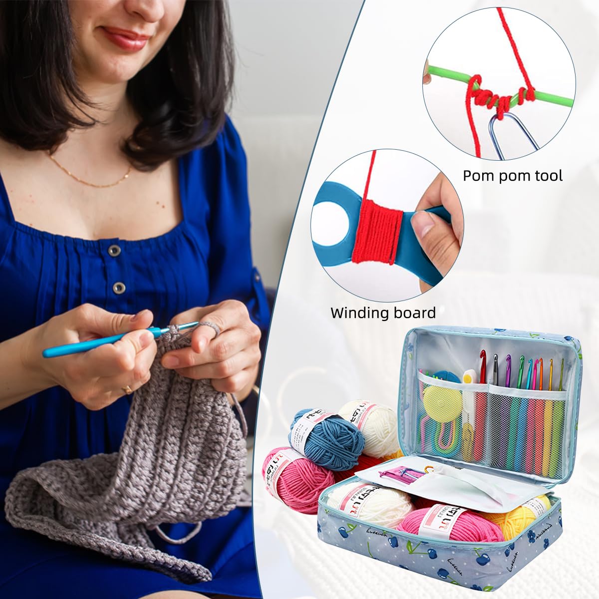 HASTHIP Crochet Kit for Beginners with 107 pcs Ergonomic Hooks and Blue Travel Bag | DIY Craft Set