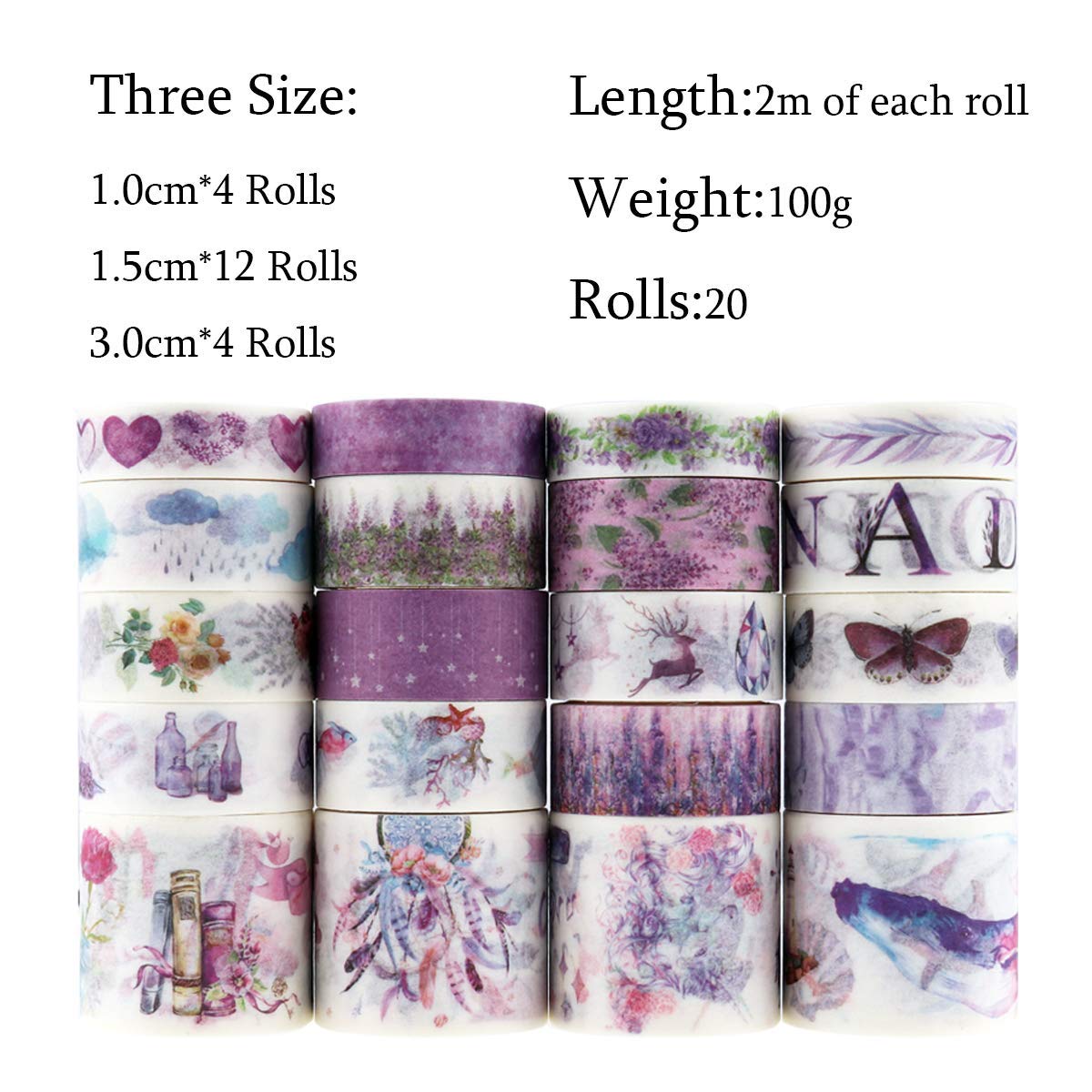 HASTHIP 20 Rolls Washi Tape Set, Vinatge Masking Tape with 3 Sizes 10/15/30mm Wide, Bullet Journal, Planners, Scrapbooking (c4)