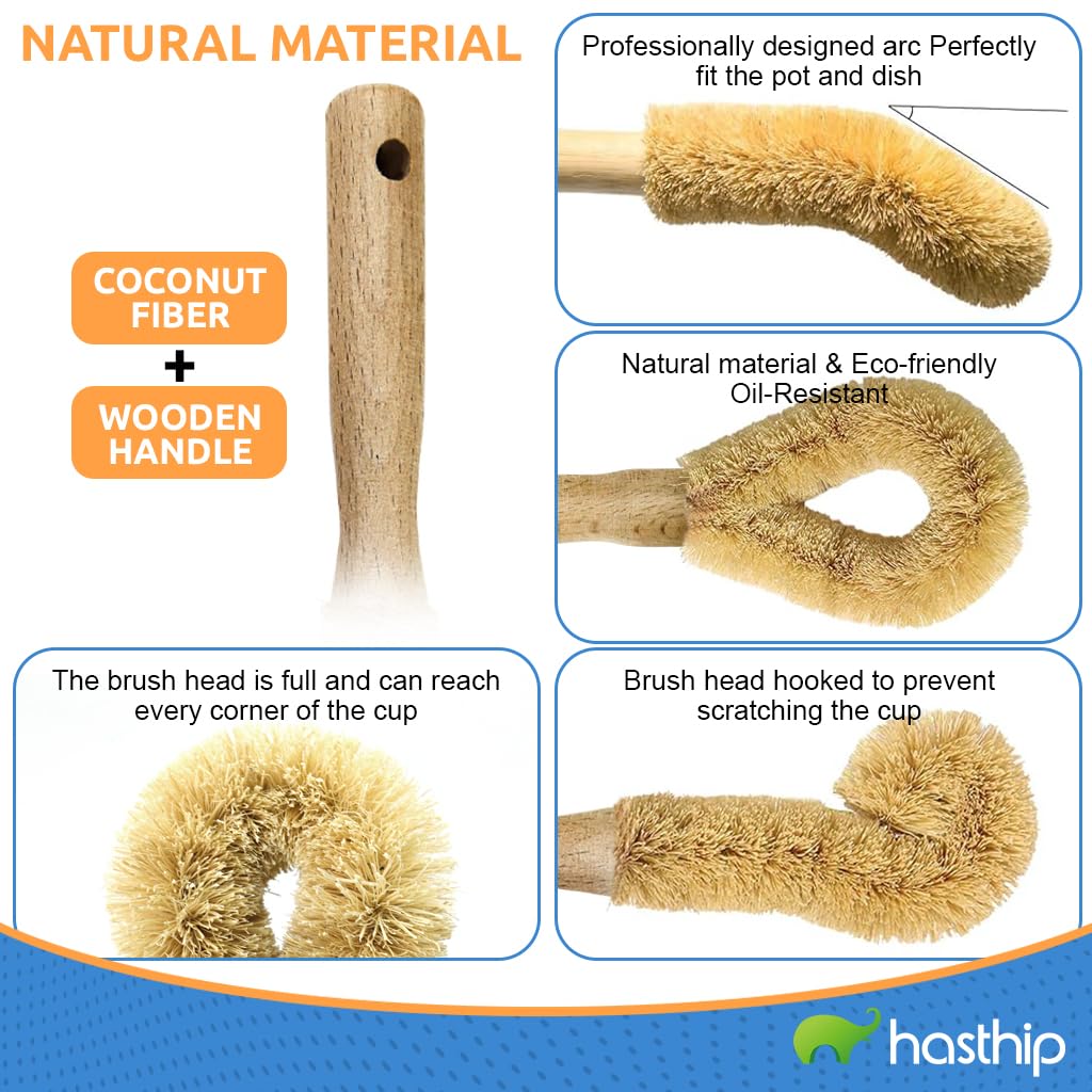 HASTHIP Kitchen Pot Cleaning Brushes 2Pcs with Wooden Handle Featuring Quick-Dry Coir Fiber | Eco-Friendly Scrubber for Pots and Pans